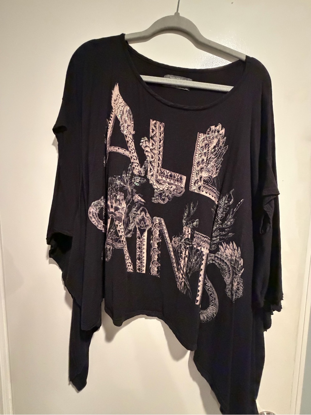 All Saints Oversized Graphic Boat Neck Top with iridescent details